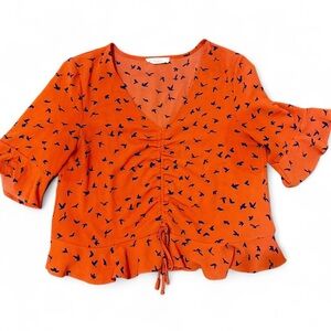 Orange Bird Print Ruched Front Peplum Top – Boho Festival size medium